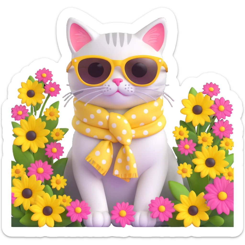 Cute cat with big yellow sunglasses and a pink polka dot scarf, sitting among flowers, shiny and glossy, on a white background in 3D iOS emoji style. sticker