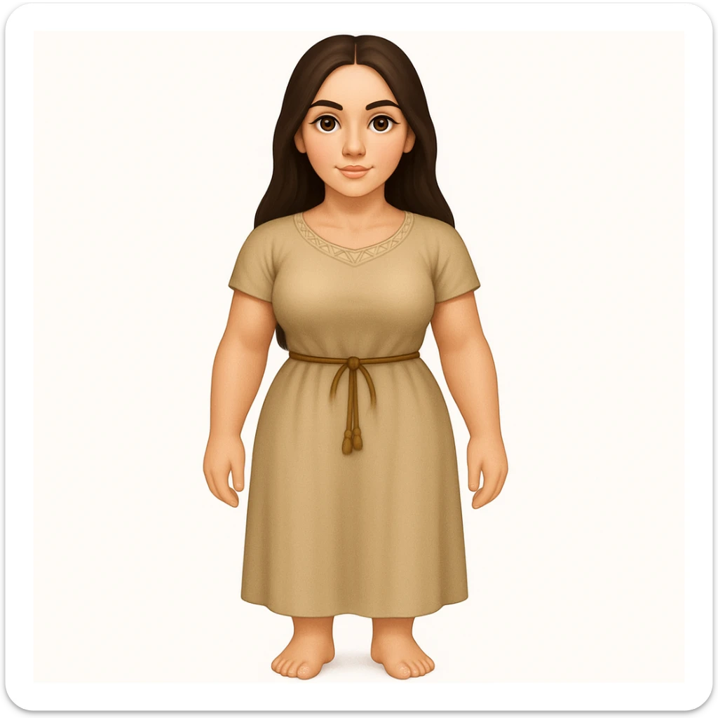 Fullbody Mary Magdalene, buxom and fit, very pretty detailed face, plain light tan dress, no hood, dark hair, arms lowered to a normal pose with hands by hips, in emoji style. sticker