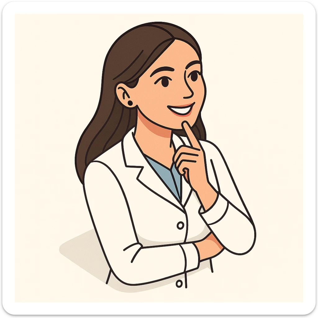 A girl doctor with dark long straight hair, detailed brown eyes (not just dots), wearing a white medical coat, in 2D isometric style with a minimalist background, thoughtful finger on chin, with a wide smile expression. sticker