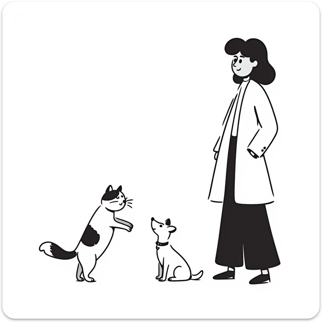 a woman standing with a cat and a dog near her on the right side, hand drawn notion style doodle sticker