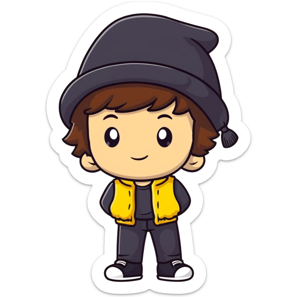 cute boy with fluffy brown hair wearing a black hat with yellow decoration sticker