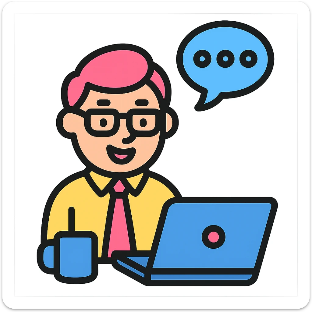 Add a laptop to the meeting office worker, keep the original style and transparent background. sticker