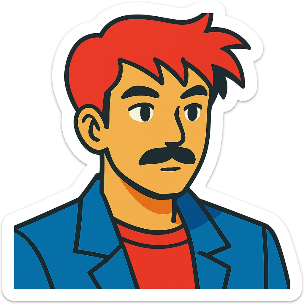 asian man with black mustache and red hair, 90's anime style, vibrant toon style sticker
