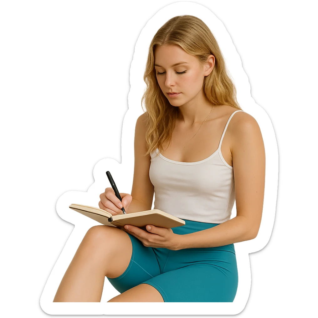 aesthetic blonde girl journaling, wearing blue #2f88ae biker shorts and a white spaghetti strap tank top, wellness vibe sticker