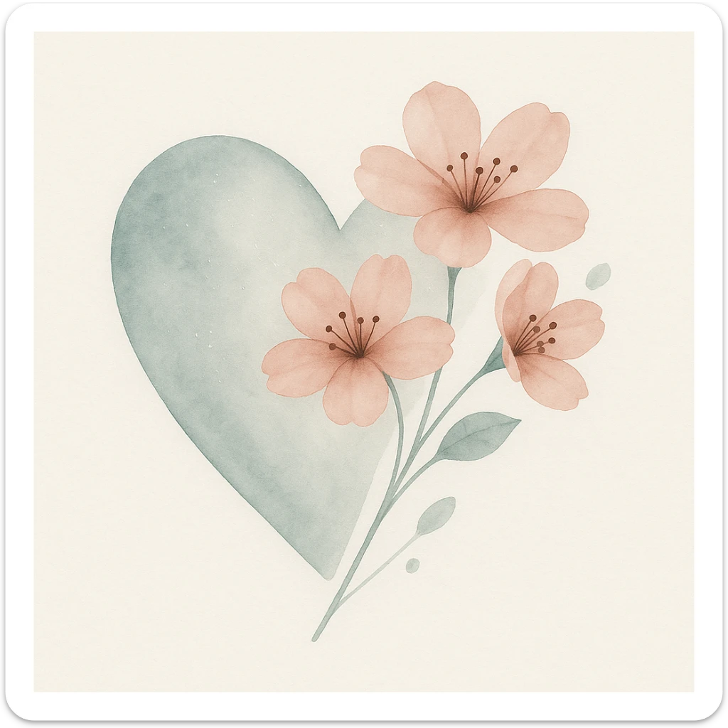 Enhance the silver highlights and overlay on the heart with sakura in watercolor style. sticker