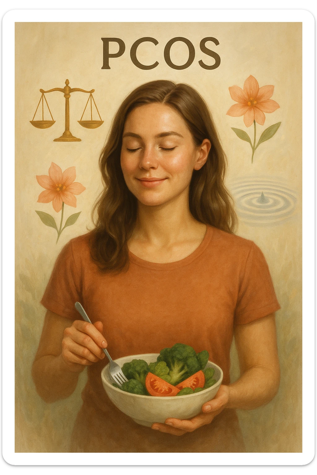 Realistic and cinematic vertical 2:3 illustration of a woman with PCOS showing signs of well-being, low inflammation and stable cortisol thanks to healthy eating. Positive atmosphere with symbols of hormonal balance and health, very few writings. sticker