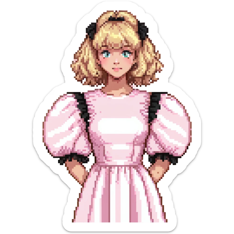 Blonde, pale girl with bangs and curly hair and a pastel pink puff sleeve dress sticker