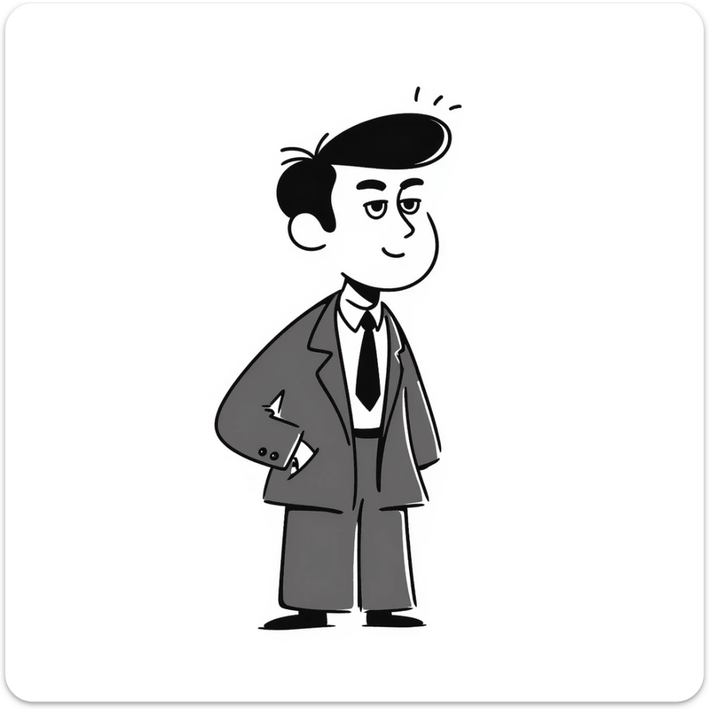 Sketch of a middle-aged man with stern expression, short hair, wearing a suit and tie sticker