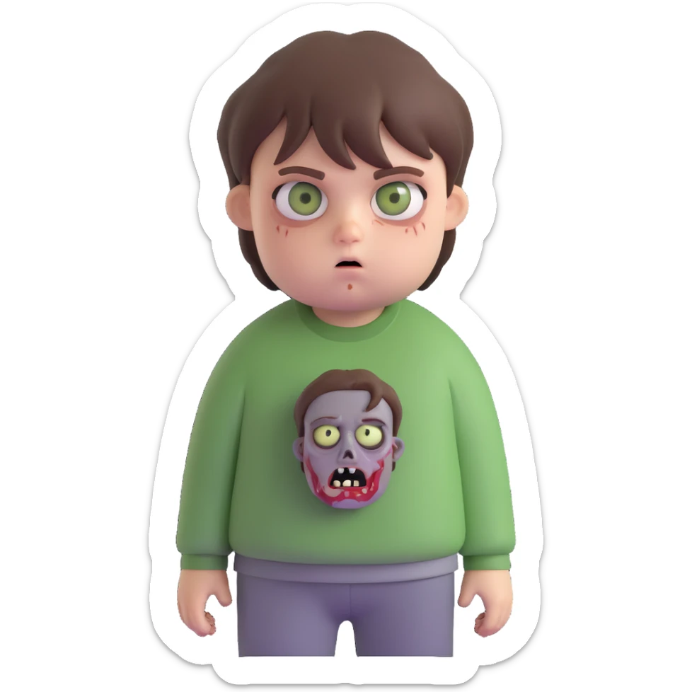 a little chubby teenage boy with brown emo hair, gray-green eyes, zombie sticker