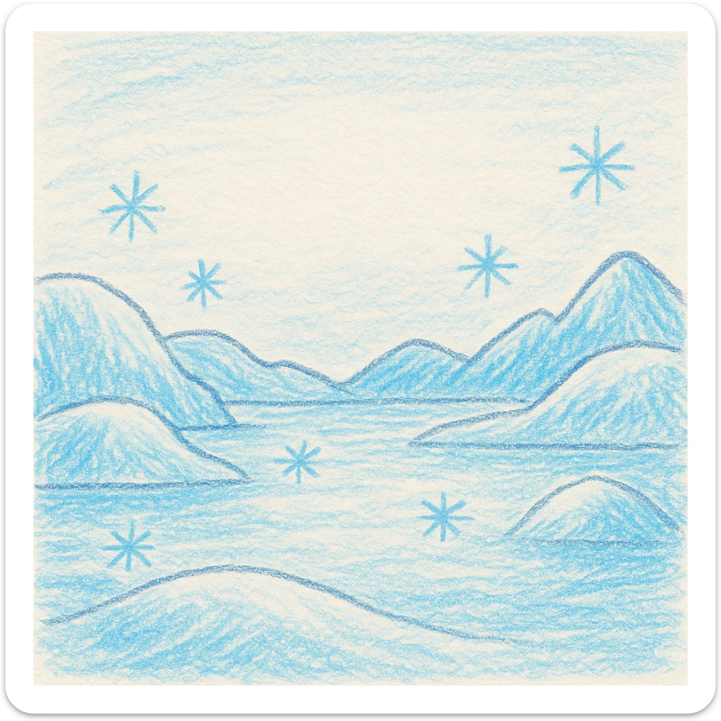 icy planet background for a children's book, pastel blue and white, frosty hills, sparkling ice, open sky area for text, no characters, inviting and playful mood sticker