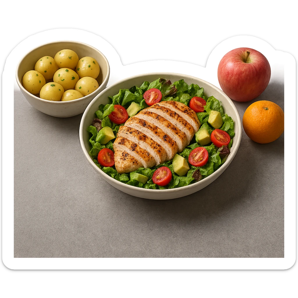 insalate con petto di pollo grigliato e bowl di patate cotte poggiate per terra e frutta fresca, iperrealistico 4k sticker
