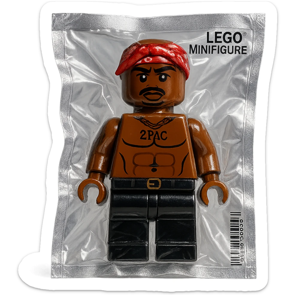 Lego minifigure of 2Pac, with signature bandana and West Coast style, glossy sticker