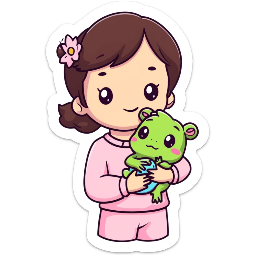 Cute little brunette girl wearing pastel pink and holding her soft, cute frog stuffy sticker