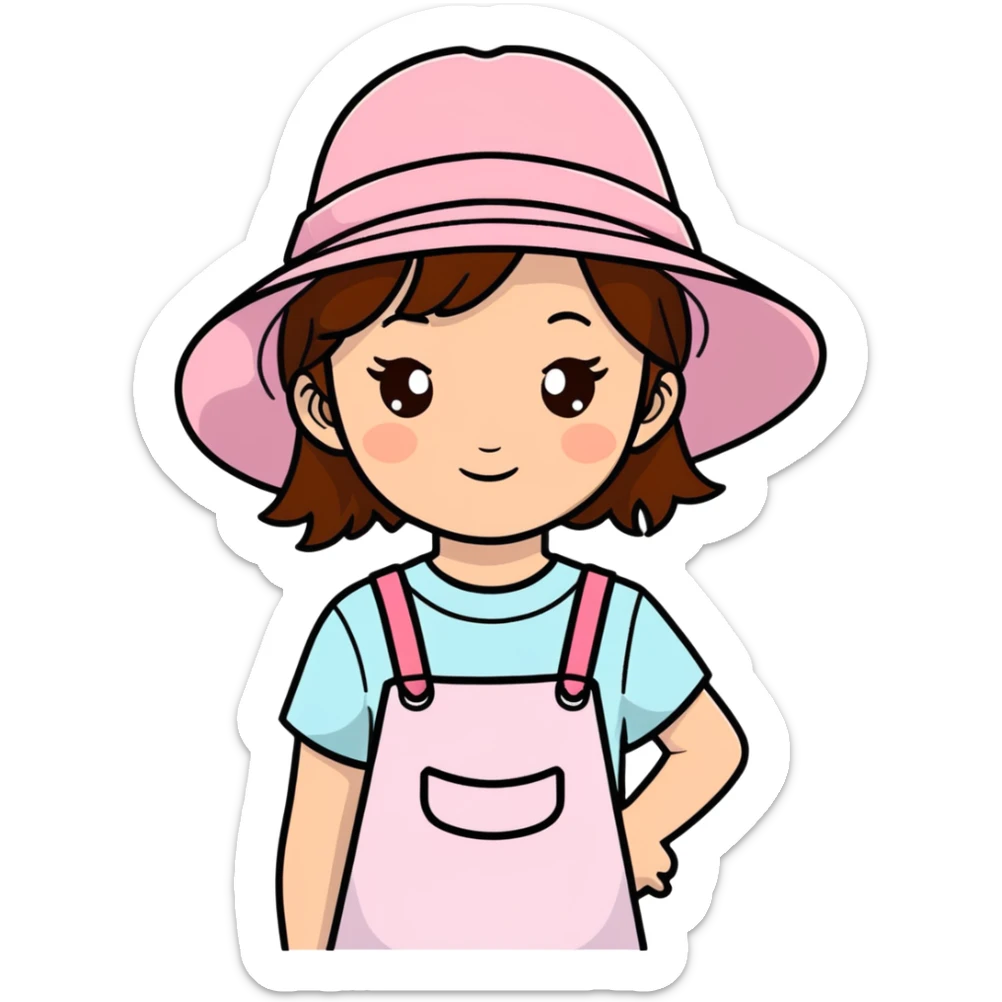 Girl with brown hair and brown eyes with a few freckles wearing pink sun hat sticker