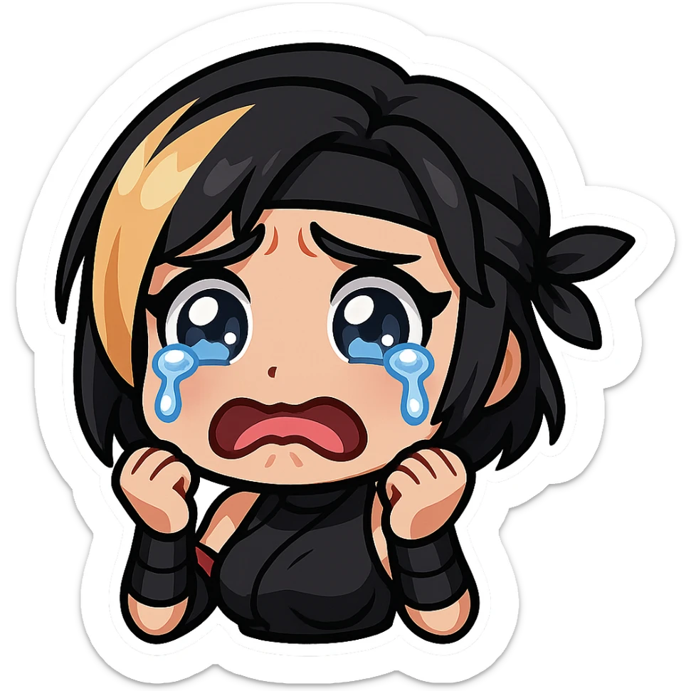 Sexy chibi ninja girl with black short hair and a blonde streak, only head and arms, colorful chibi style with bold outlines, transparent background, no mask, crying face with big teary eyes and a trembling mouth, sized for Twitch emoji use. sticker