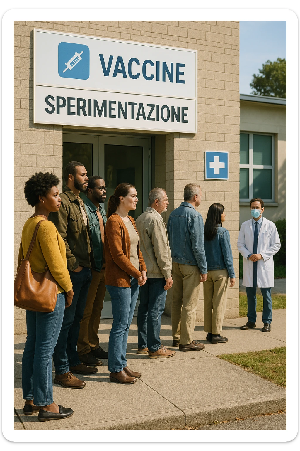 donne e uomini che fanno fila per i vaccini, chiamati "Sperimentazione" sticker