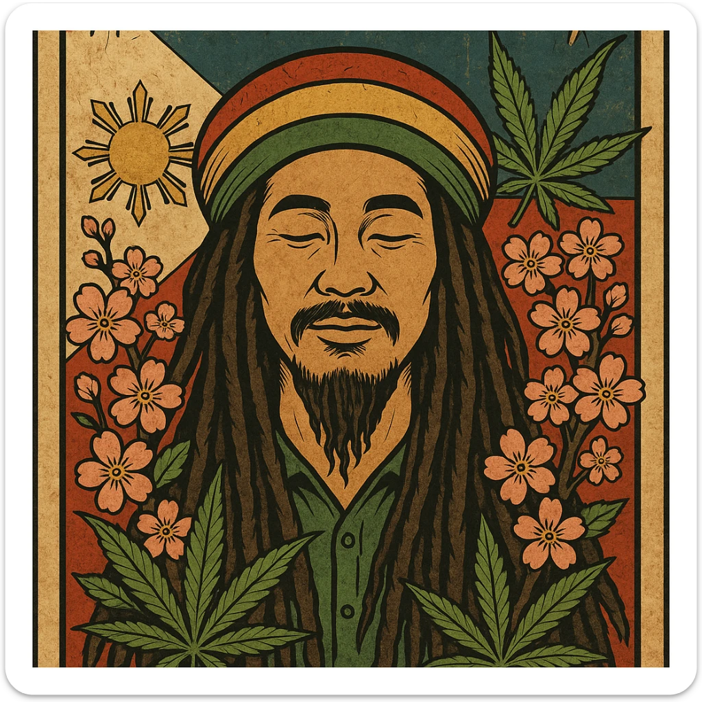 Vintage poster of an Asian Rasta with long dreadlocks, peaceful eyes, and a red-gold-green tam. Surrounded by cherry blossoms and ganja leaves. Background Asian flag. Retro reggae fusion vibe, with bold lines and aged paper texture. Philippines with the actual flag
 sticker
