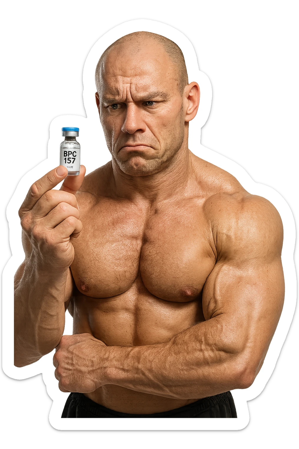 BODYBUILDER CHE TIENE IN MANO UNA FIALA MEDICA CON la scritta "BPC 157" SULL'ETICHETTA E LA GUARDA DUBBIOSO, iperrealistico 4k sticker