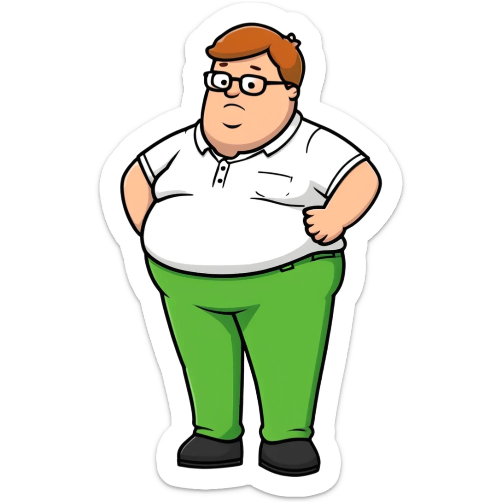 Peter Griffin from Family Guy with a pregnant belly, wearing green pants, white shirt, and glasses sticker