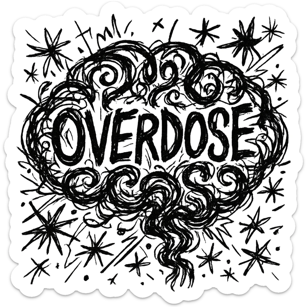 Add the word 'overdose' in the middle of the brain icon in chaotic black outline style. sticker