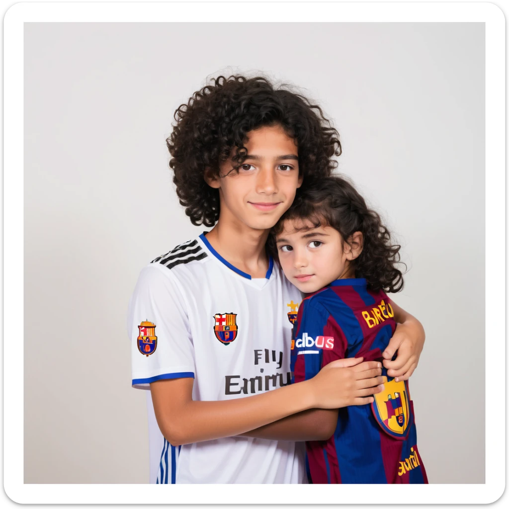 A tall boy with brown eyes, black hair, and white skin, wearing a Barça shirt, hugging a short girl with curly black hair, brown eyes, and bronze skin, wearing a Real Madrid shirt sticker