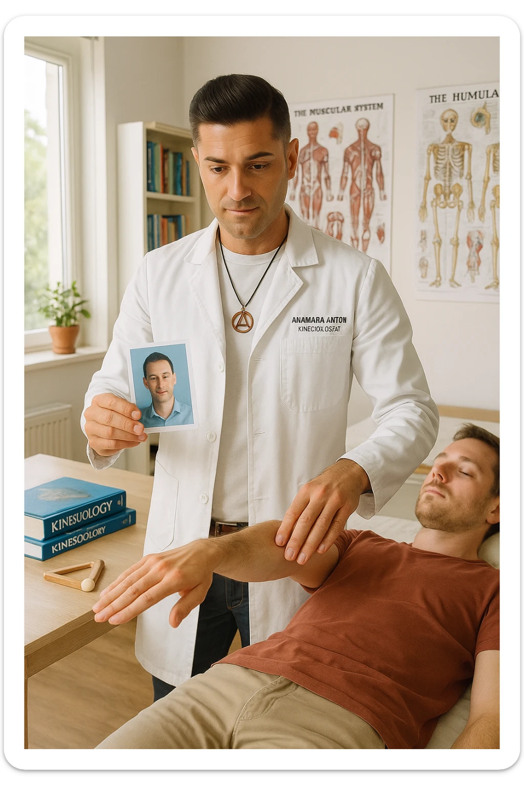 a middle-aged man, dressed in casual professional attire, is in a bright, organized therapy studio. Durante una visita di kinesiologia, il praticante tiene con una mano la foto di una persona lontana (il “testimone”) appoggiata su un tavolo, mentre con l’altra mano esegue un test muscolare su un cliente presente. Sullo sfondo si vedono libri di kinesiologia, poster anatomici e strumenti tipici della disciplina. L’atmosfera è concentrata e serena, con luce naturale che entra dalla finestra, sottolineando l’aspetto alternativo e umano della pratica. sticker