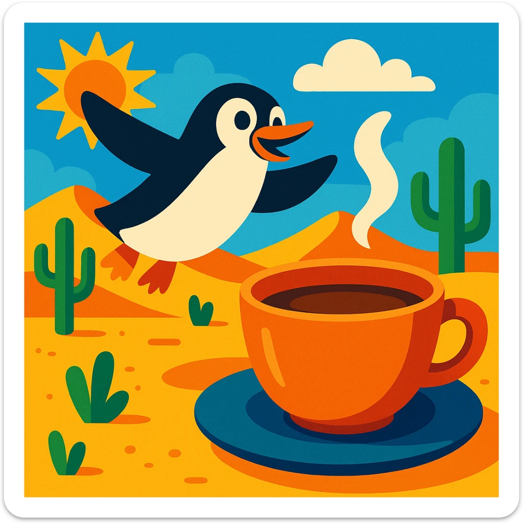 A penguin flying in the desert next to a big cup of tea, vibrant and playful style sticker