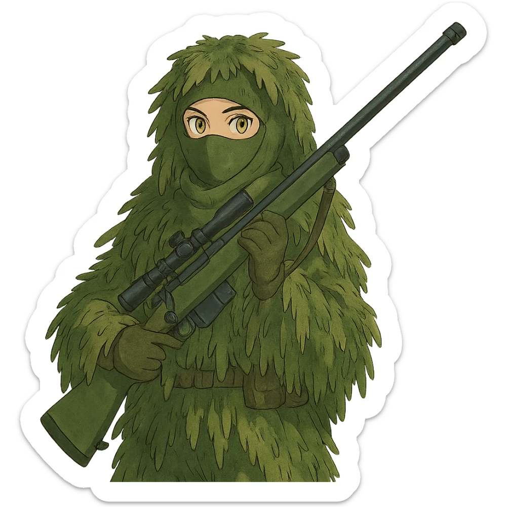 1 female, gold yellow eyes, face covered green balaclava, full military ghillie sniper camouflage, rifle up sticker