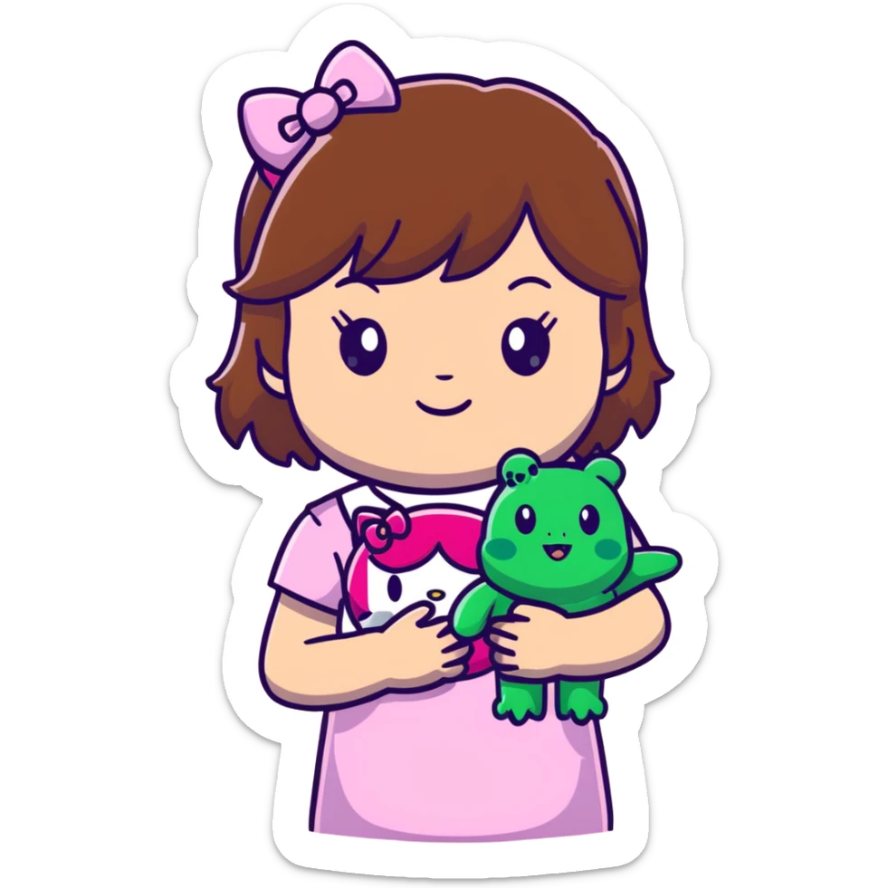 Cute cool girl with brown hair and bangs, and Brown eyes, wearing pink hello kitty and holding a frog stuffy  sticker