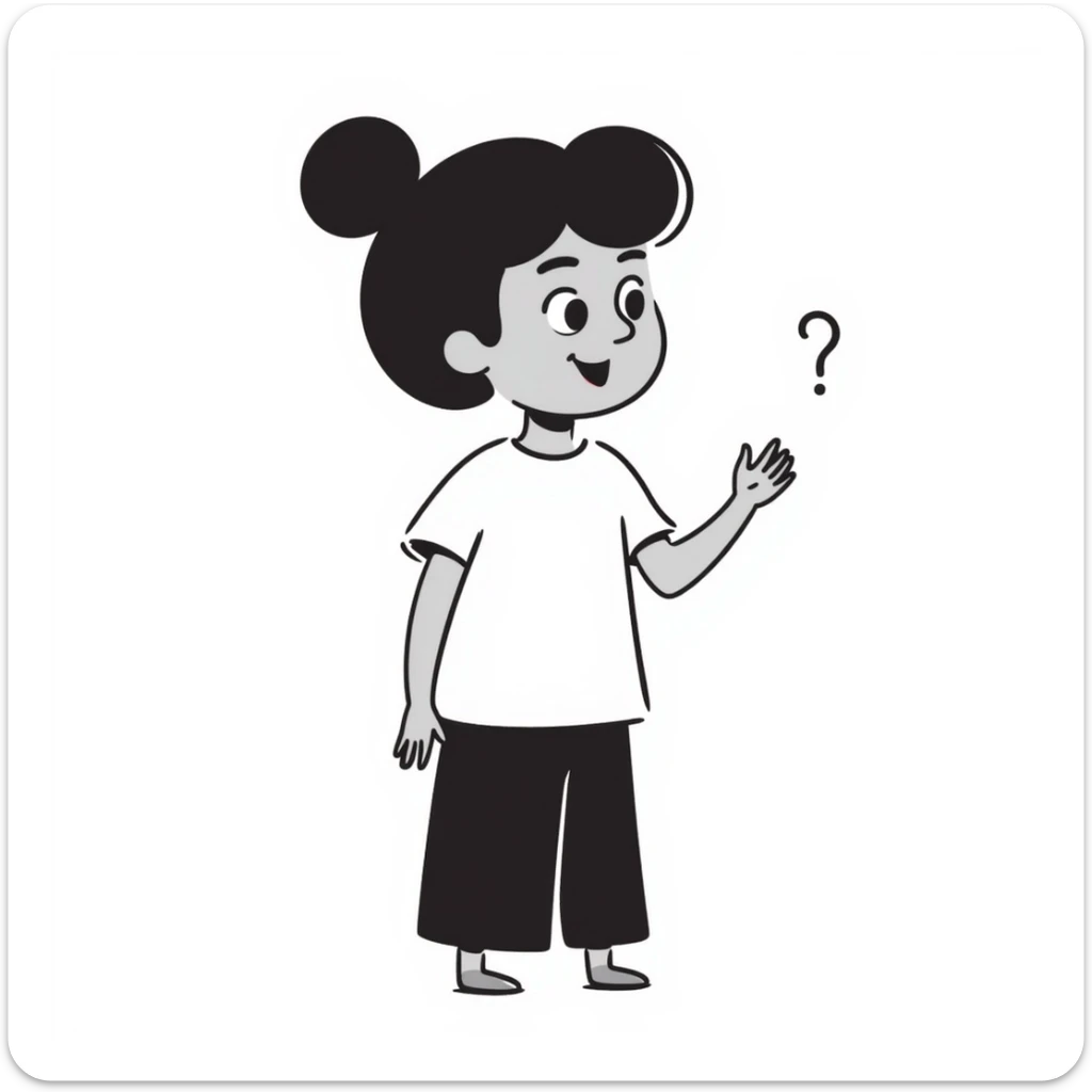 light brown girl, slightly chubby, messy black hair in a bun, red lipstick, light brown eyes, asking a question sticker