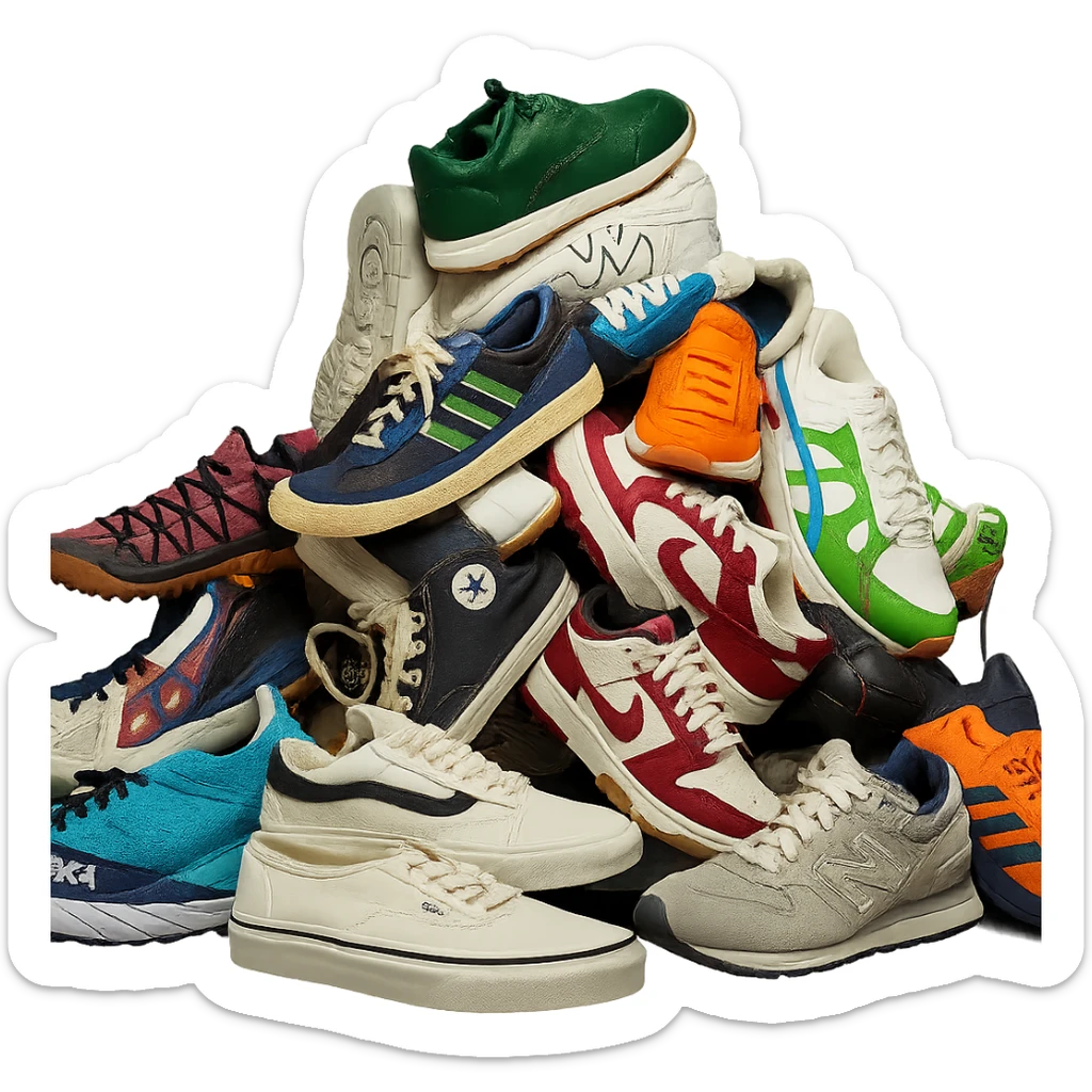 Transform this pile of mixed sneakers into a photorealistic product photography style with clean, high-resolution details, true-to-life textures and lighting. The look should match the reference Nike Air Force 1 sneaker product photo. The background should be transparent. sticker