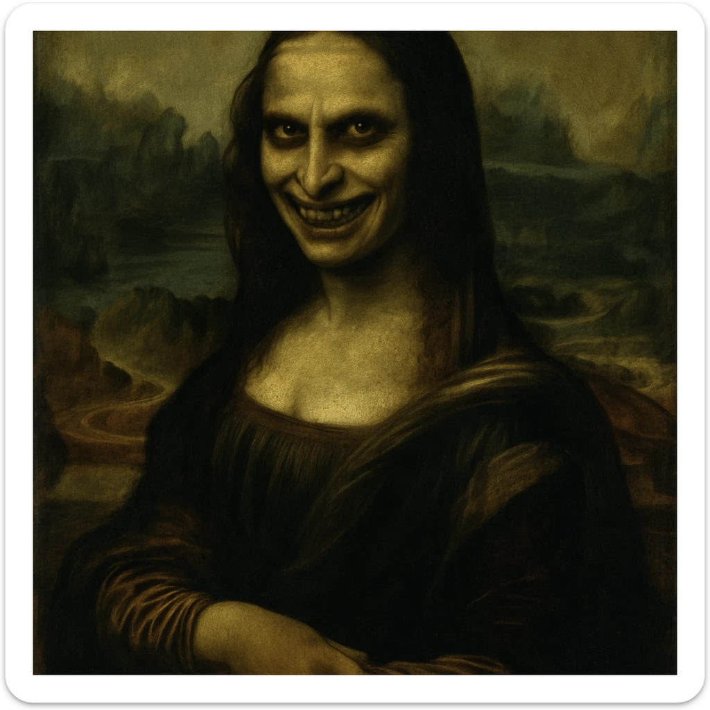 Mona Lisa in an oil painting style, with a scary expression, dark menacing eyes, a sinister grin, and subtle shadowing for a haunting effect sticker