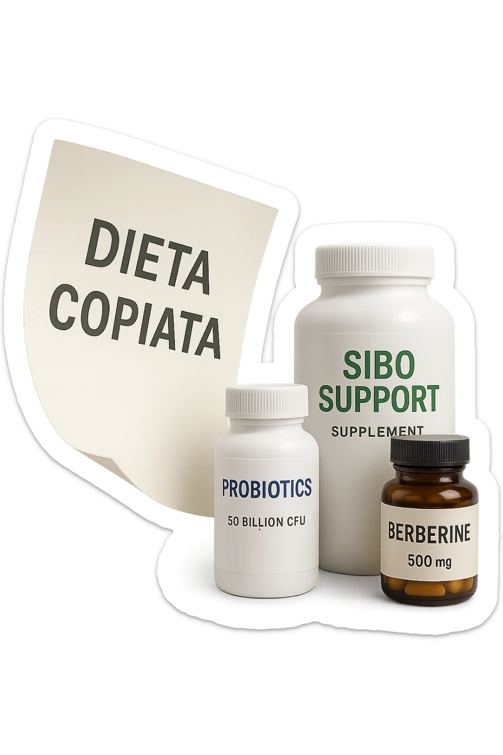 FOGLIO DI CARTA FLUTTUA IN ARIA CON LA SCRITTA "DIETA COPIATA", INSIEME A BARATTOLI DI INTEGRATORI PER CURARE IL SIBO IN ITALIANO, IPERREALISTICO 4K, NON DISEGNATO sticker