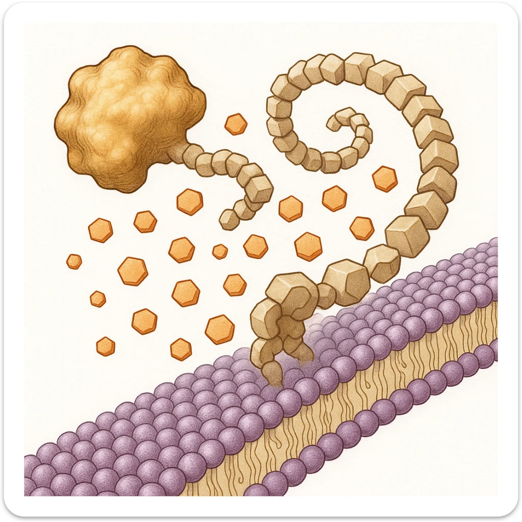 Ultra-detailed illustration of enzyme digestion: amylase breaking starch into sugars near a cell membrane. Clean white background, no text. Scientific but simple sticker