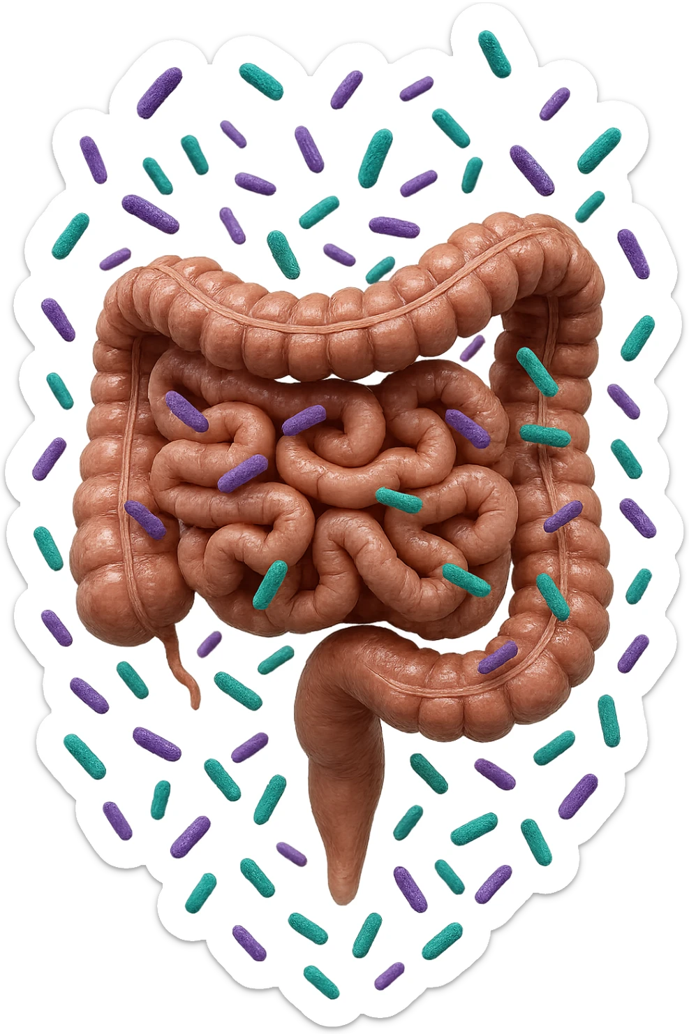 intestino umano anatomico realistico pieno di batteri intestinali viola e turchesi che gli fluttuano intorno, IPERREALISTICA 4K sticker