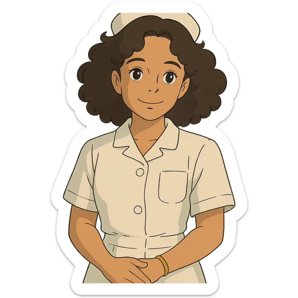 ghibli style Latina nurse with curly hair, gentle smile, nurse uniform sticker