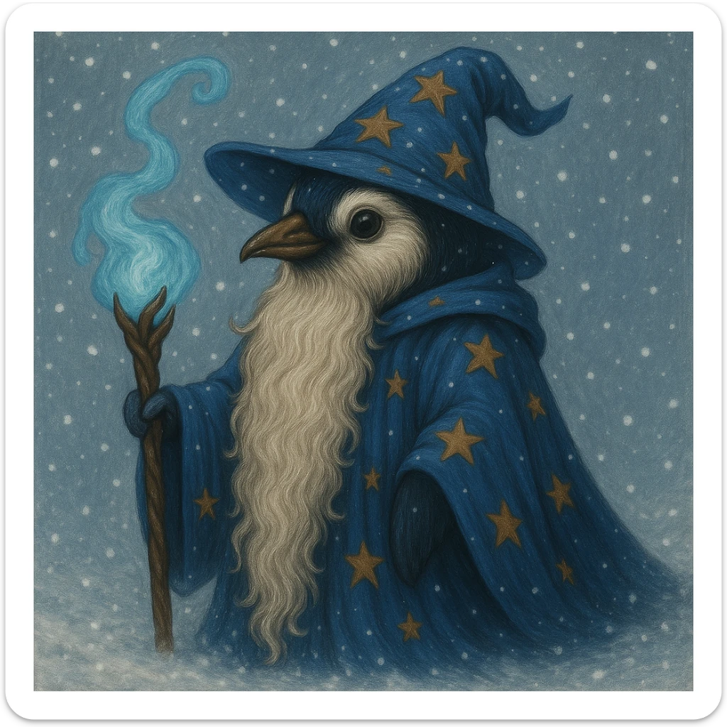 Add falling snowflakes to the scene with the fantasy penguin wizard and snowy background, keeping the detailed illustration style. sticker