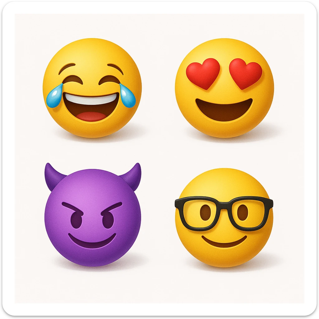 make four emojis on white background with good amount of shadow, four emojis of smiley's only. one laughing, second heart eyes, third purple devil and four black glasses emojis  sticker