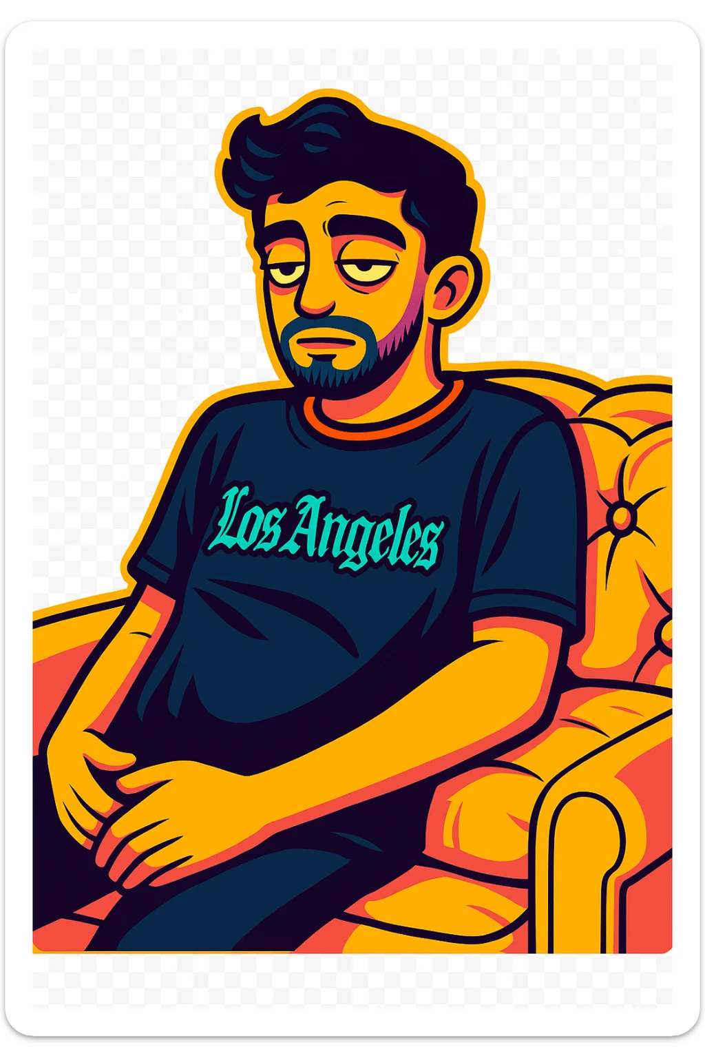 Convert the photo to a cartoon sticker in the style of Flux Pro with a sleepy expression and transparent background. The style should reflect the vibrant and pop colors typical of Flux Pro cartoon stickers. sticker