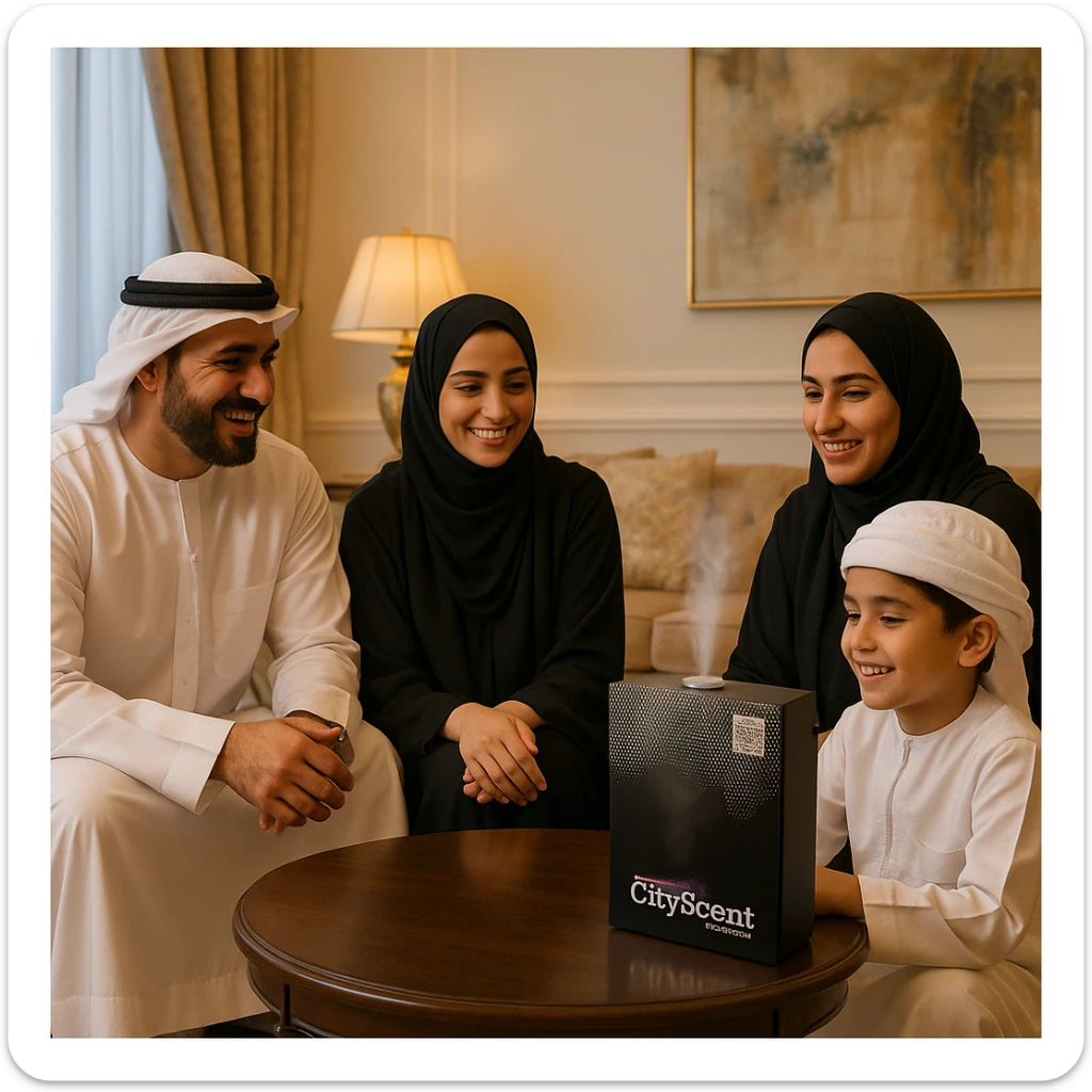Place this exact CityScent air freshener machine on a table in a luxurious living room. Show a family in Arabic dress gathered around, smiling and enjoying the scent. The scene is realistic, elegant, and inviting. sticker