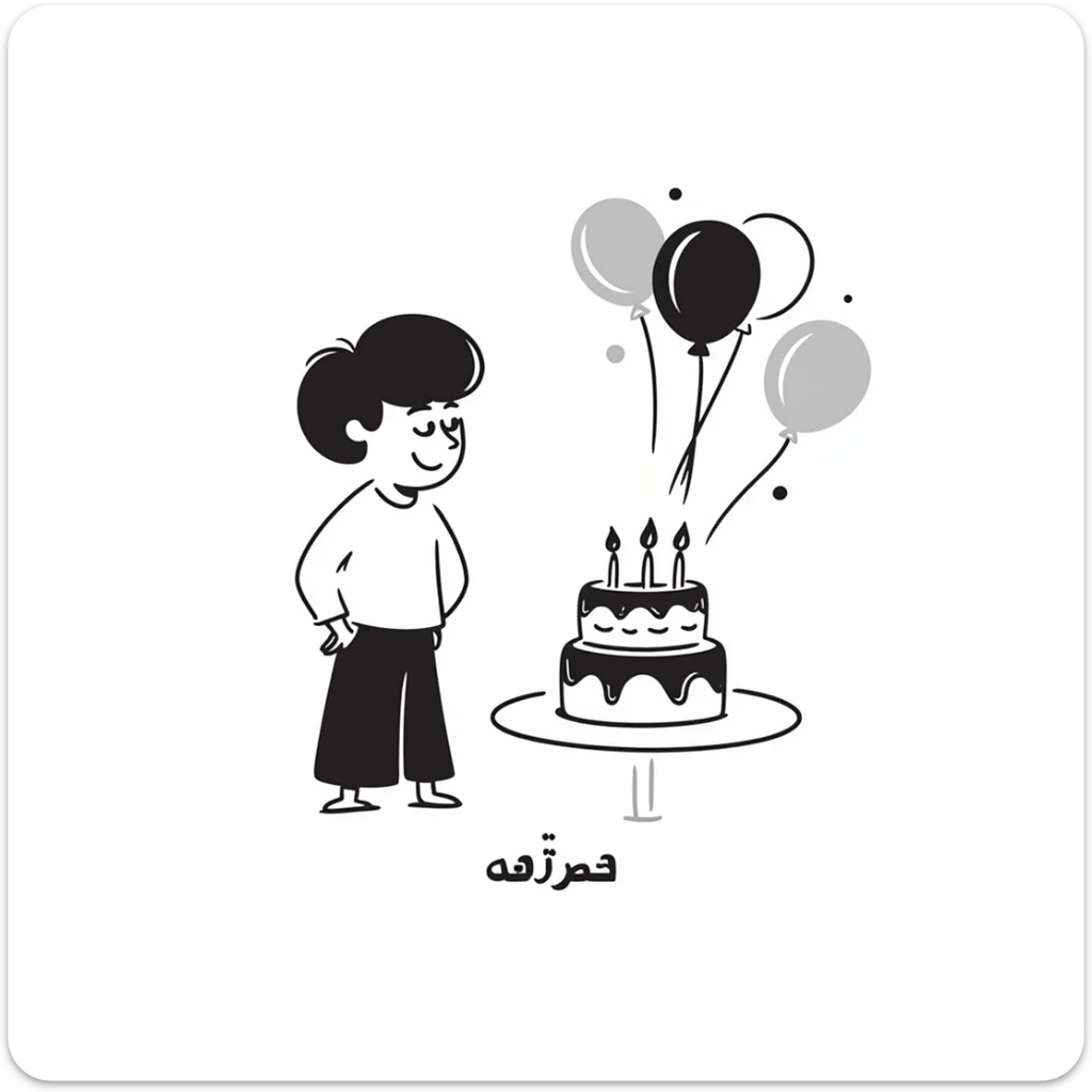 A happy little boy celebrating with a birthday cake with lit candles, balloons and streamers in the background. Include the Persian text at the bottom saying: "امیدرضاجان تولدت مبارک" sticker