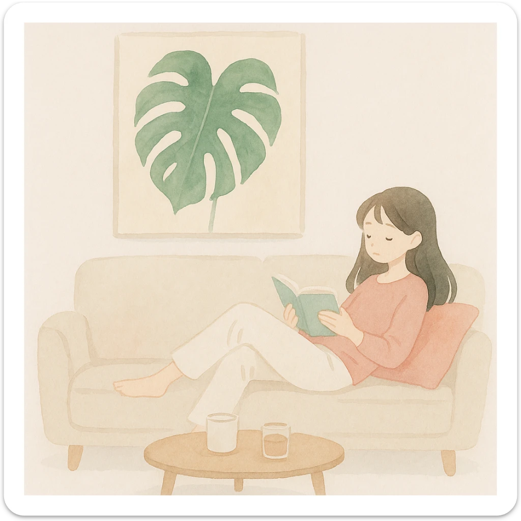 soft watercolor illustration of a cozy living room with a large striking monstera leaf artwork on the wall, a woman lying on a light gray or beige sofa with pink throw pillows reading a book, small round coffee table with drinks or items, calm neutral color palette accented by bold green botanical artwork, pastel colors, delicate linework, gentle whimsical mood, anime-inspired features, minimal soft shading, minimalist modern style sticker