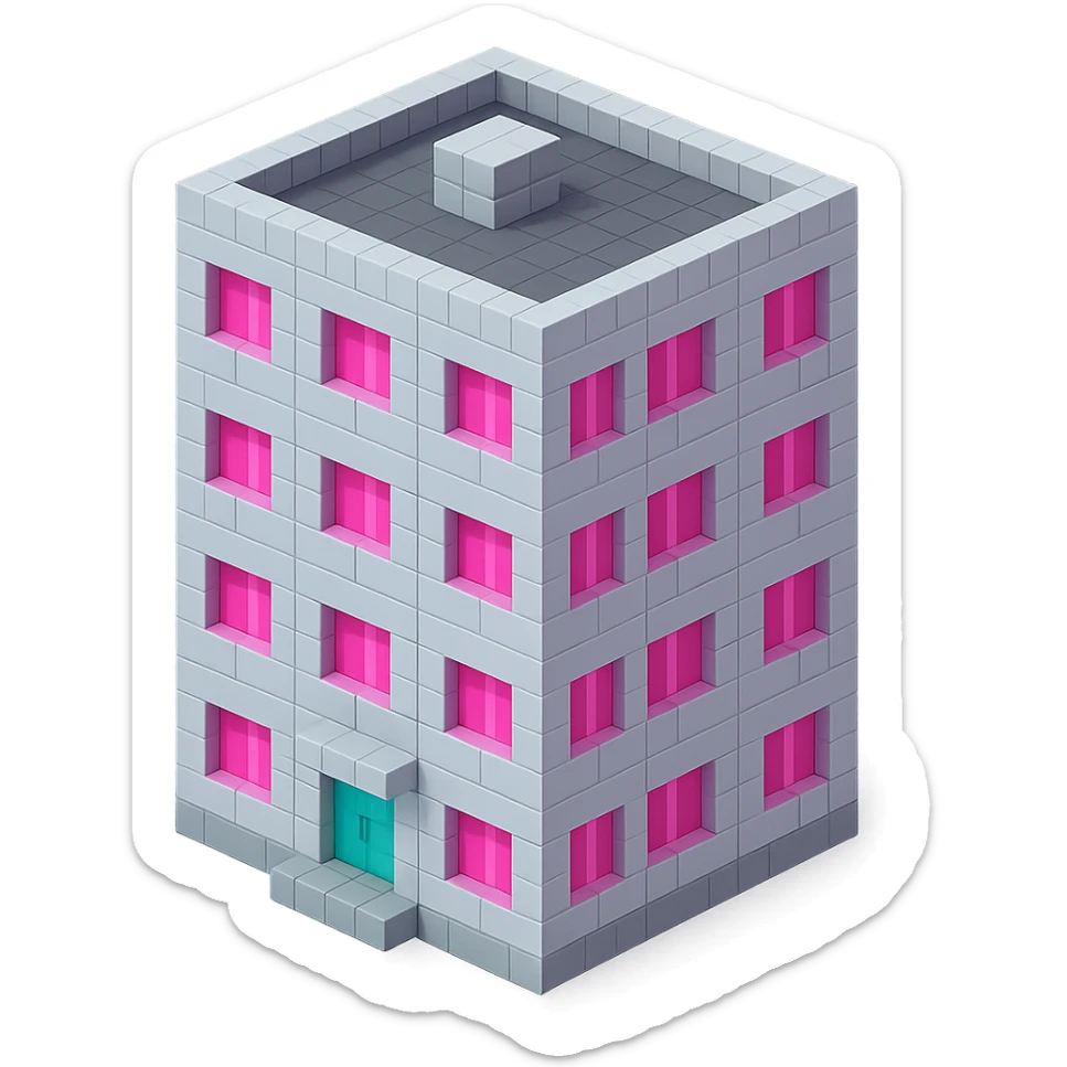 Russian panel apartment building, square block, light gray, large pink windows, isometric view sticker