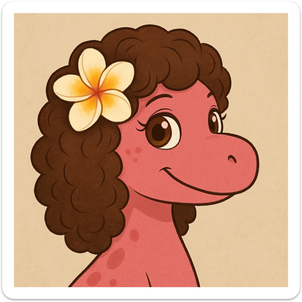 pink dinosaur with brown curly hair, a Hawaiian flower in her hair, and brown eyes sticker