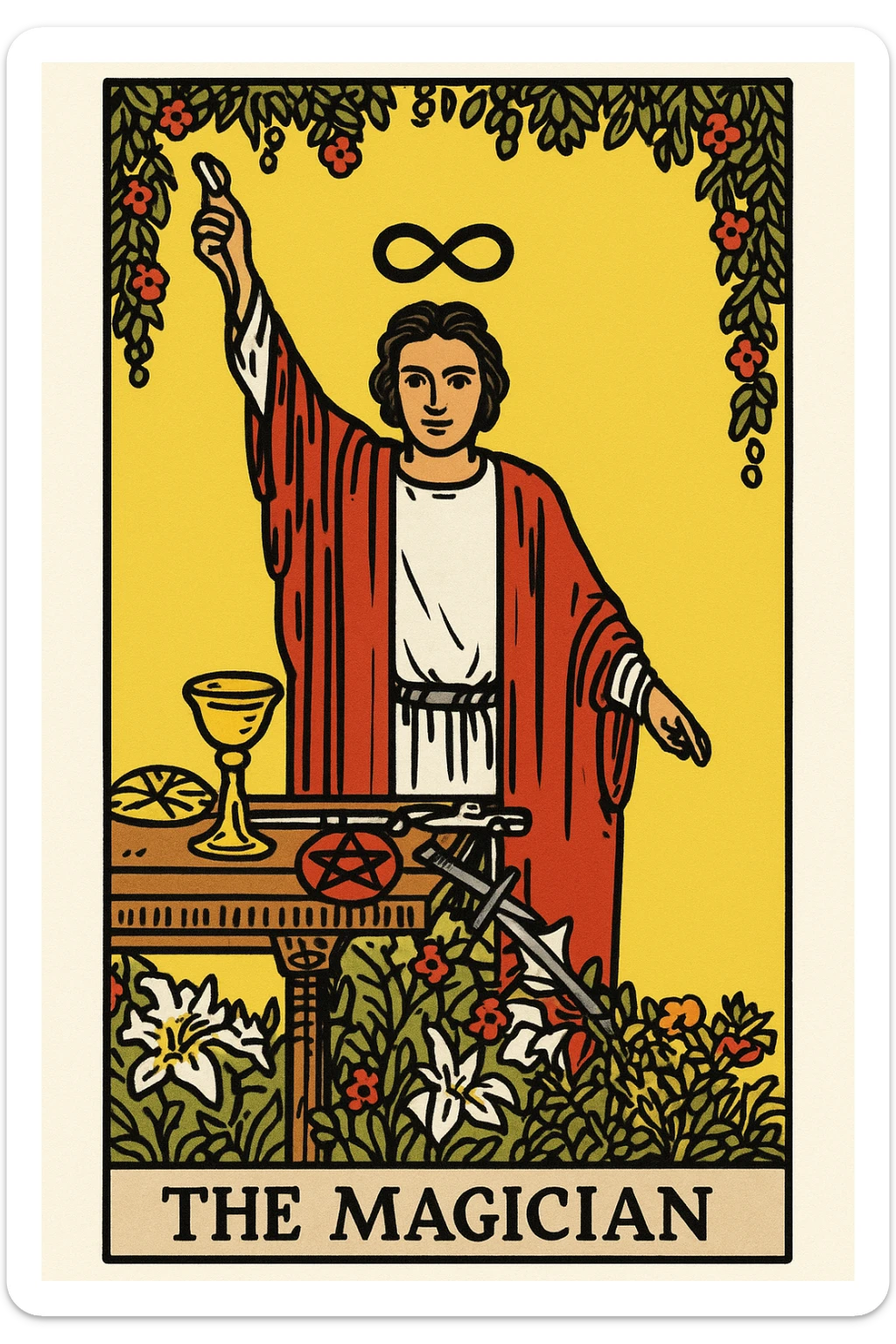 The Magician tarot card emoji in Rider Waite Smith style, confident magician with infinity symbol above his head, traditional tarot card colors and details, white background sticker