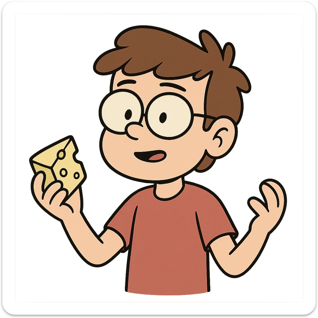 cartoon boy with brown hair, brown eyes, glasses, holding a piece of cheese, flat toon style sticker