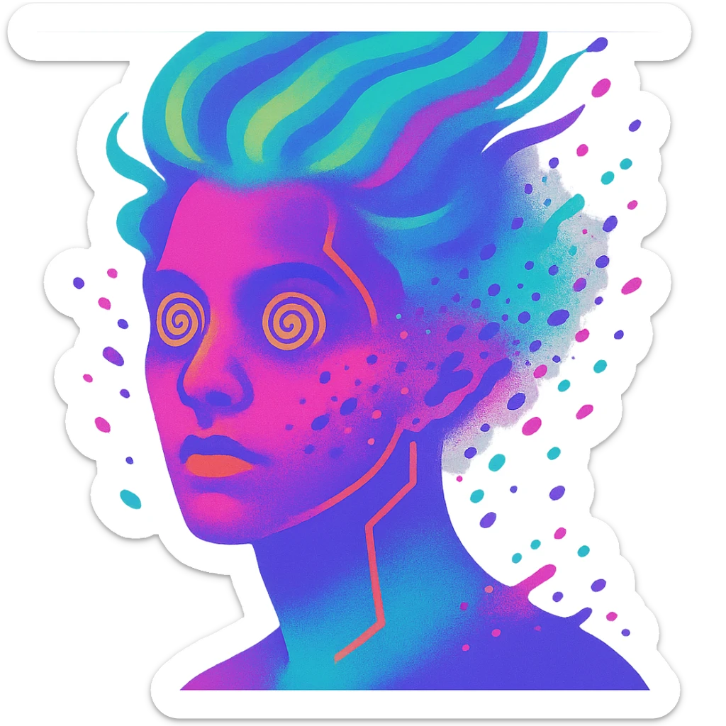 surreal portrait of a person with neon skin, face dissolving in an explosion of colors, airbrush effect, hair as swirling liquid color streams like northern lights, hypnotic spiral eyes, geometric elements along face contour, paint particles flying away, acid purple, turquoise, and electric pink blending, sense of movement sticker
