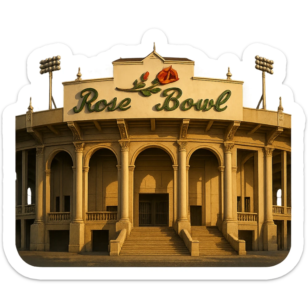 cinematic realistic emoji of the Rose Bowl Stadium with majestic ornate architecture, lifelike detail, regal lighting, including its iconic sign, accurate colors, transparent background sticker
