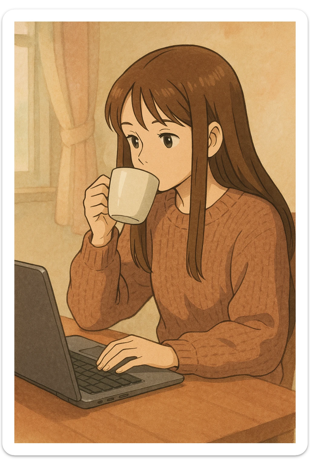 young 20-year-old woman with long straight brown hair, wearing a sweater, drinking coffee and working on a laptop, ghibli style, soft background sticker