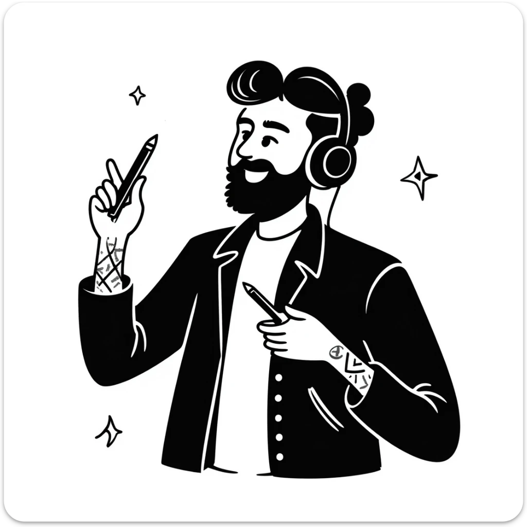 pop rock musician with well-groomed stylish beard, arm tattoos, headphones on ears, smiling confidently, holding microphone in one hand and pencil in other hand sticker